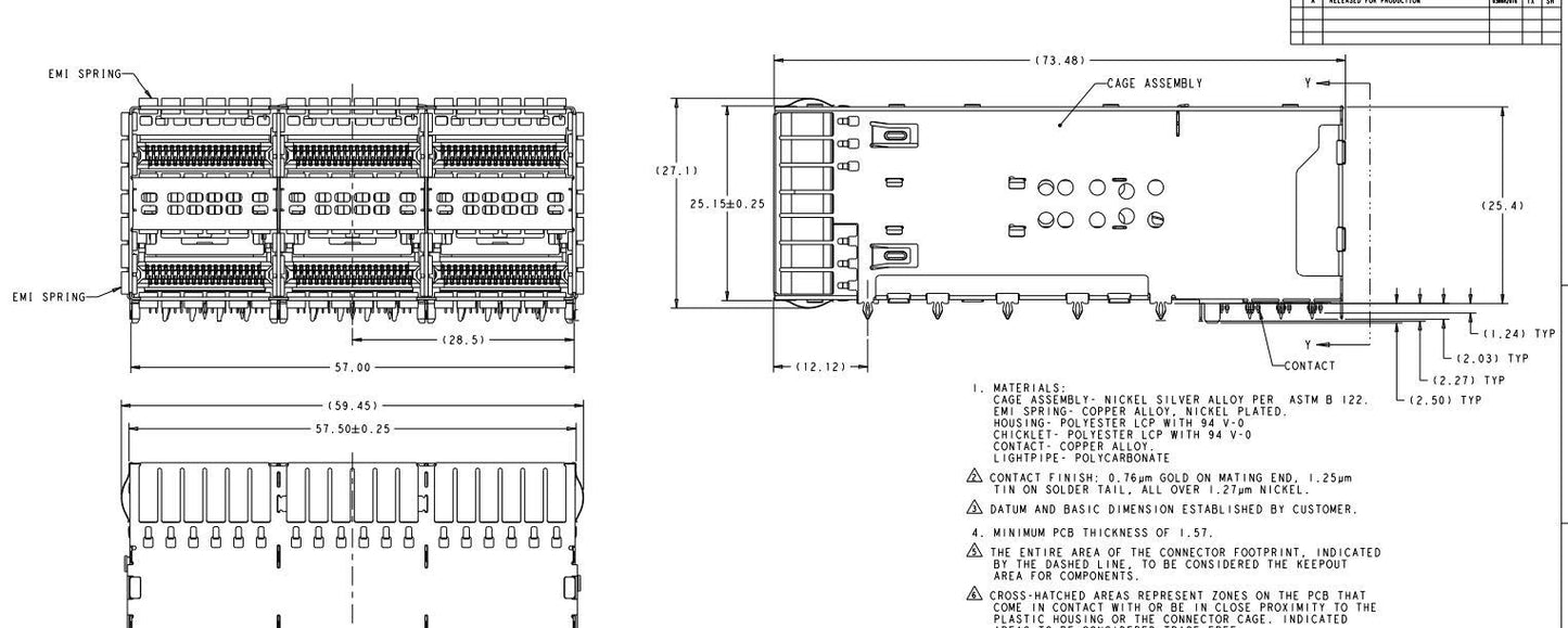 2227671-3 ZQSFP+ Cage 2x3 Port With Integrated Connector 28 Gb/s Included Lightpipe