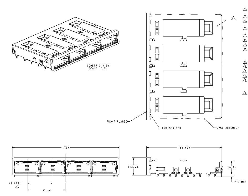 TE 2227250-1 QSFP28 Cage Ganged (1 x 4) Connector Press-Fit Through Hole
