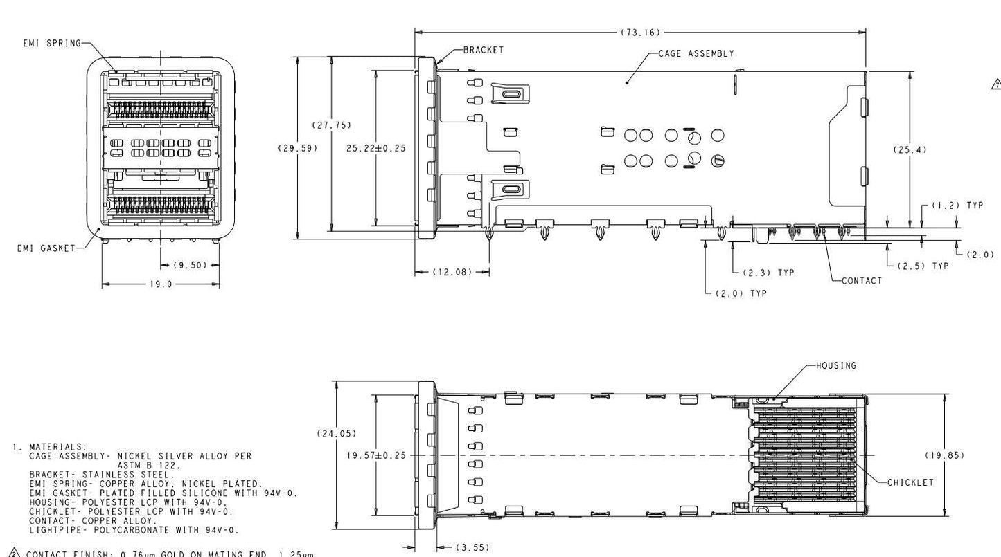 TE 2198373-1 ZQSFP+ Cage Assembly With Integrated Connector 2 x 1 Port 76 Position