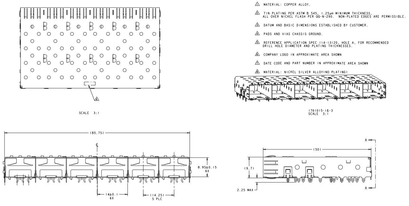 1761015-3 SFP Cage 1X6 Port 4 Gbs Through Hole Press-Fit Right Angle