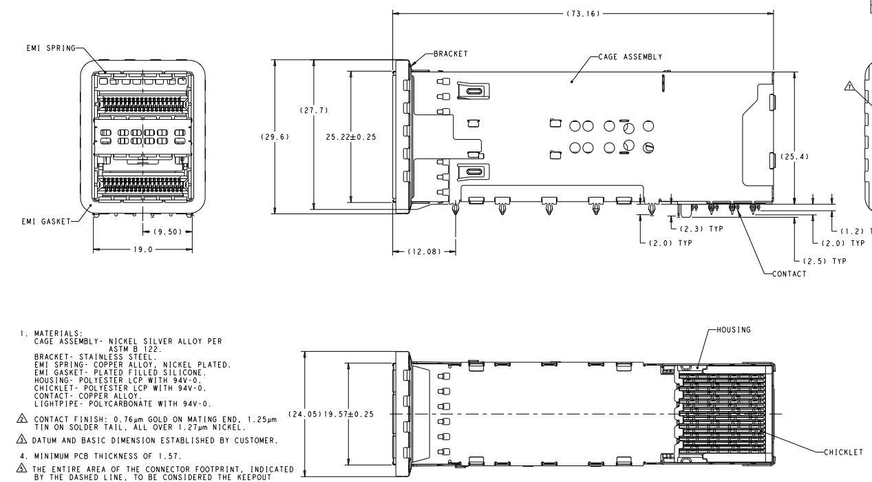 TE 2227224-1 ZQSFP+ Receptacle with Cage Ganged (2x1) Connector Press-Fit Through Hole Right Angle