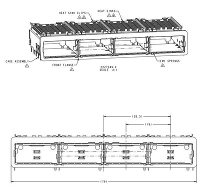 2227249-3 ZQSFP+ Cage Assembly 1x4 Port With Heat Sink 28 Gb/s Through Hole