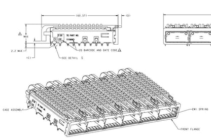 TE 2143307-3 QSFP Cage 1x6 with Heat Sink Connector Press-Fit Through Hole Included Lightpipe