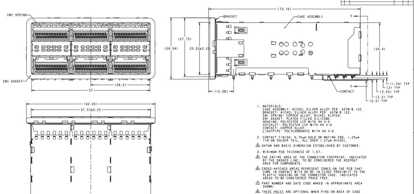 TE 2227226-3 ZQSFP+ Receptacle with Cage Ganged (2x3) Connector Included Lightpipe