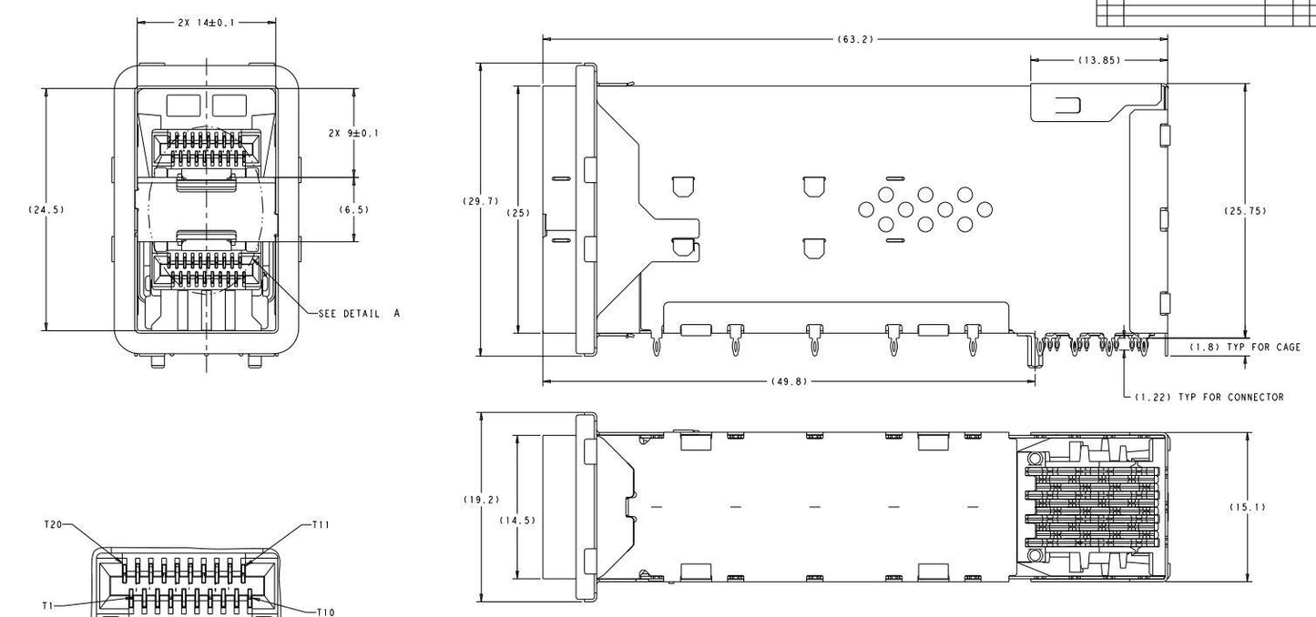 1-2198318-9 TE zSFP+ Receptacle with Cage Ganged (2x1) Connector External Springs Included Lightpipe