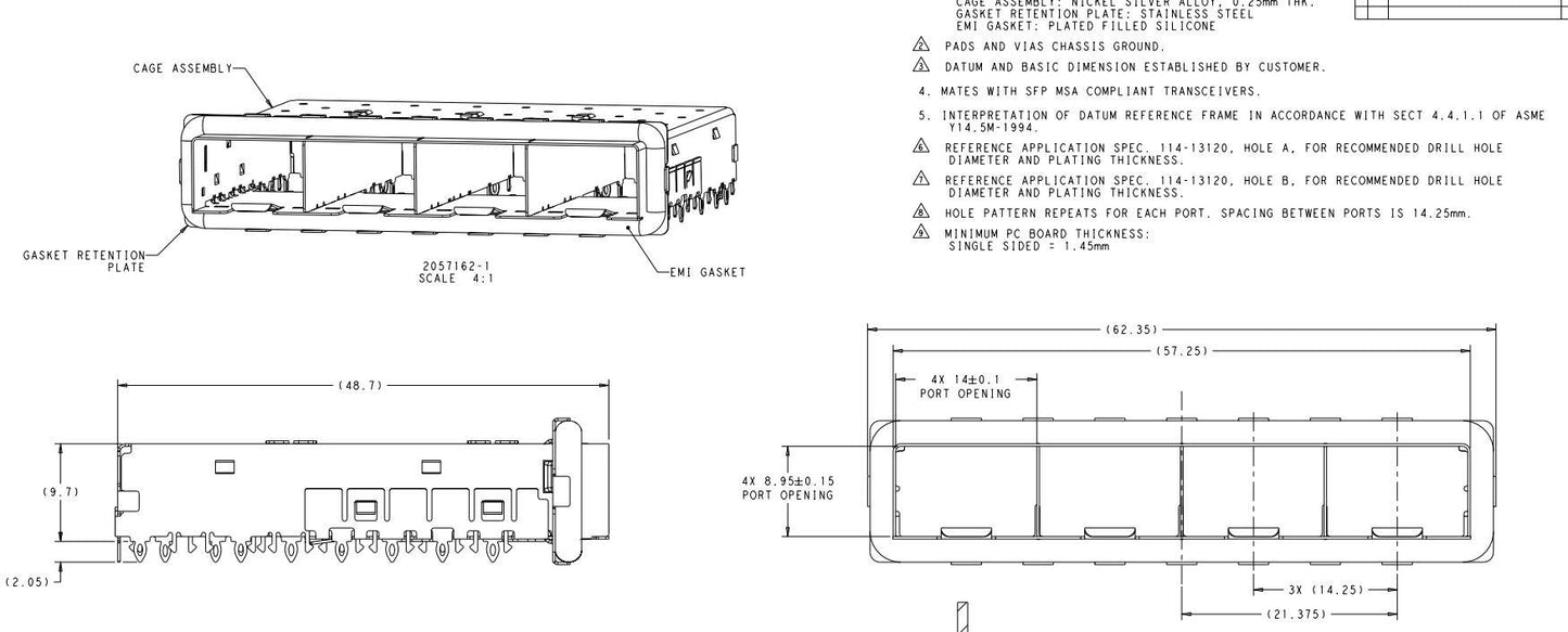 TE 2057162-1 SFP+ Cage Ganged (1 x 4) Connector 16 Gbs Right Angle