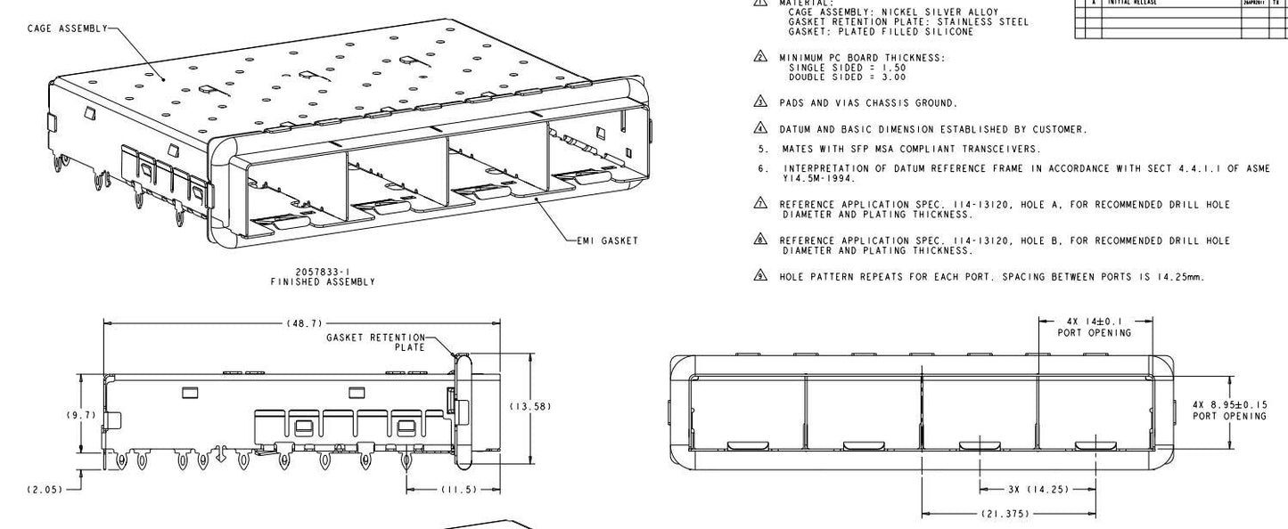 TE 2057833-1 CONN SFP+ CAGE 1X4 PRESS-FIT RA Through Hole Press-Fit Mount