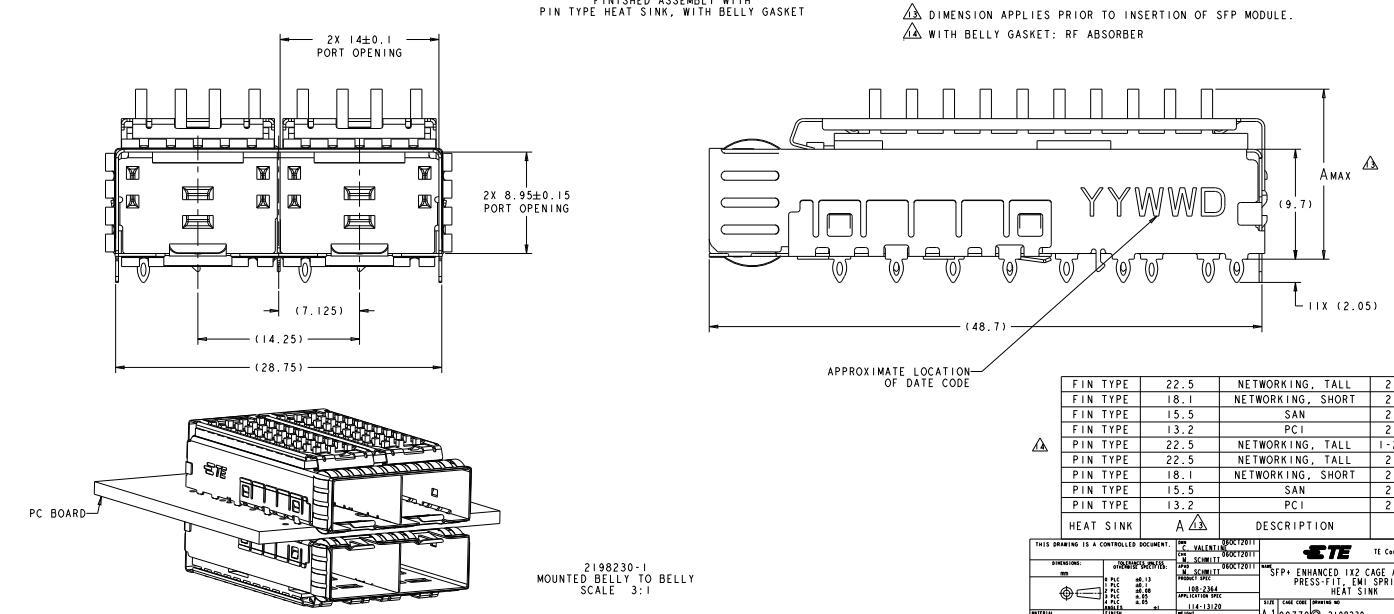 TE 2198230-4 SFP+ 1x2 Cage With Heat Sink External Springs Through Hole Press-Fit
