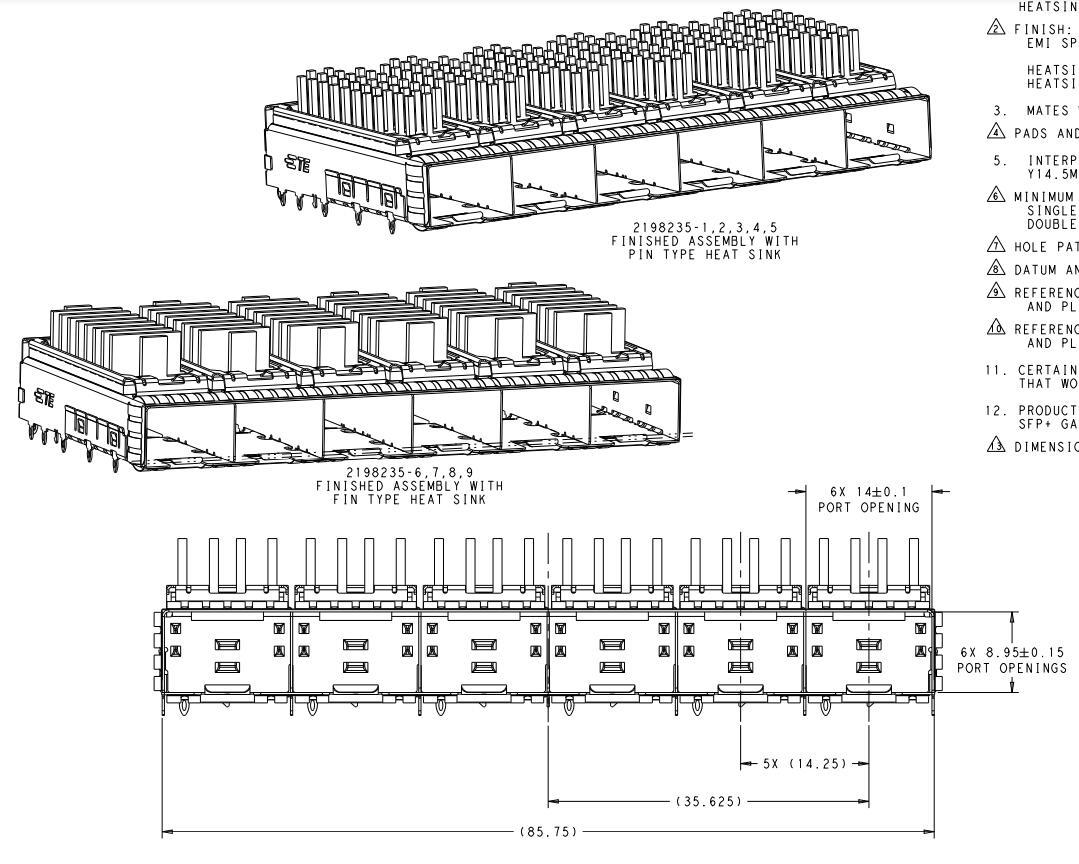 TE 2198235-3 SFP+ Cage Ganged (1 x 6) With Heat Sink 16 Gbs