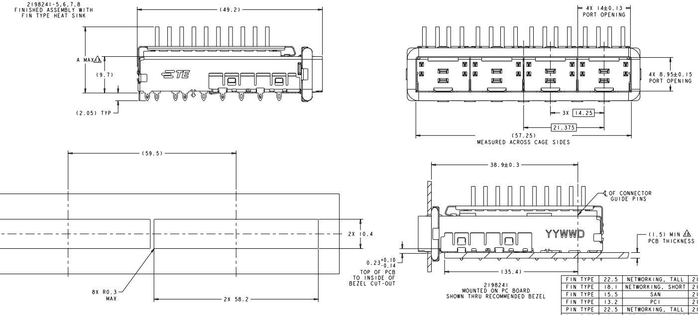 TE 2198241-4 SFP+ 1x4 Cage With Heat Sink 16 Gbs Through Hole Press-Fit