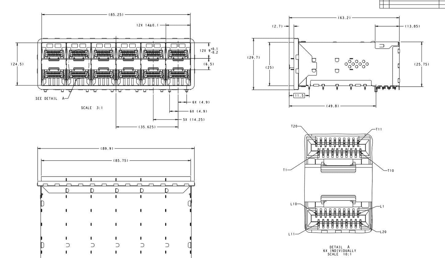 2347721-5 zSFP+ Cage 2x6 Port With Integrated Connector 56 Gb/s EMI Springs