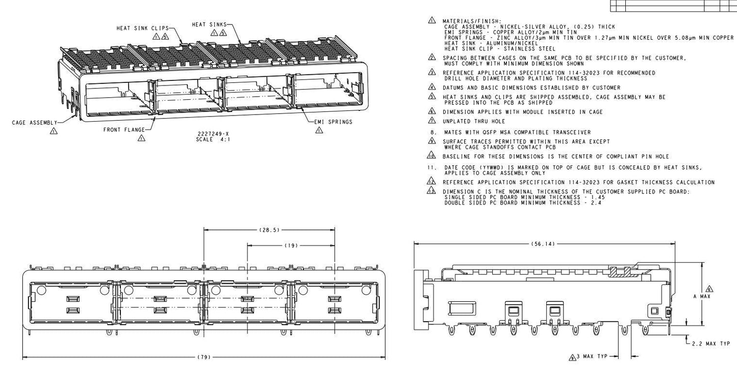 TE 2227249-1 ZQSFP+ Cage Ganged (1 x 4) With Heat Sink Connector 28 Gb/s