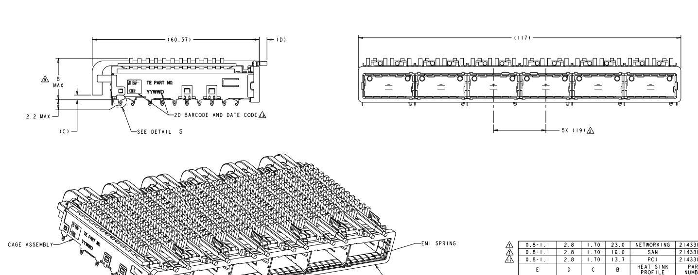 TE 2143307-1 QSFP Cage Ganged (1 x 6) with Heat Sink Connector Press-Fit Through Hole Included Lightpipe