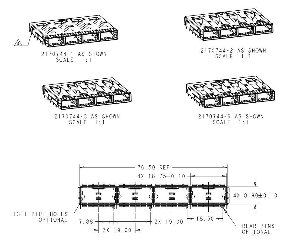 2170744-1 TE QSFP28 Cage Ganged (1 x 4) Connector Press-Fit Through Hole