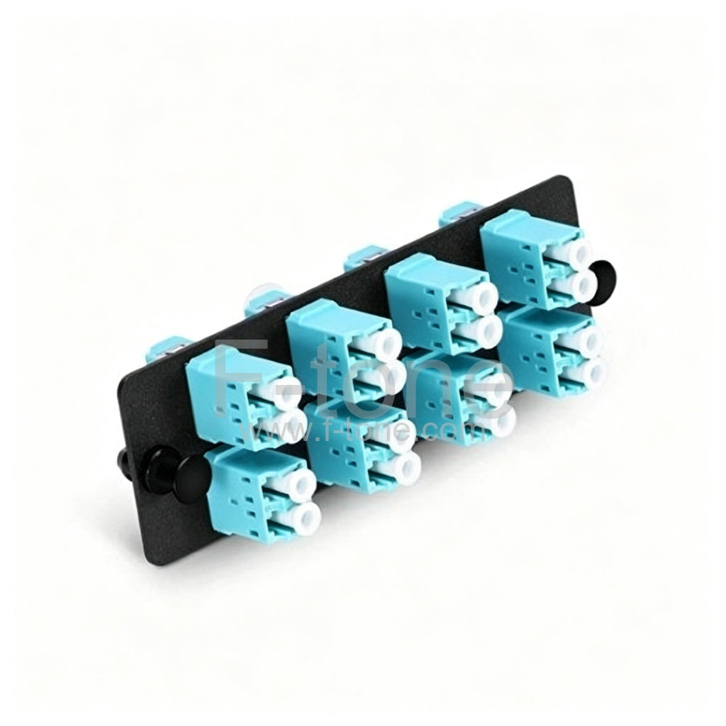 Fiber Adapter Panel with 8 LC Duplex OM3/OM4 Multimode Adapters (Aqua), Zirconia Ceramic